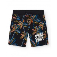 Boys' black Bermuda shorts with a tropical print and elastic waistband 
