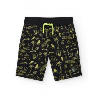 Boys' black Bermuda shorts with elastic waist and print 