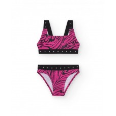 Pink girl's bikini with animal print and metallic studs 