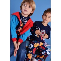 Navy blue sweatshirt and pants set for boys with a sporty print 