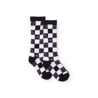 Black and white children's socks with a checkered design and messages 