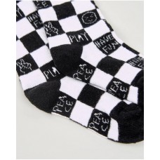 Black and white children's socks with a checkered design and messages 