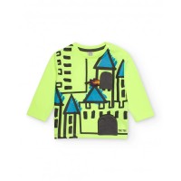 Boys long-sleeved T-shirt in neon green with castle print 