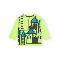 Boys long-sleeved T-shirt in neon green with castle print 