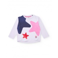 Long-sleeved white girl's T-shirt with a colorful star print 