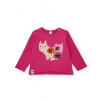 Fuchsia girl's T-shirt with cat and flower print 