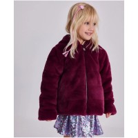 Burgundy fur jacket for girls with hood and floral lining 