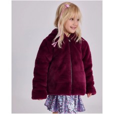 Burgundy fur jacket for girls with hood and floral lining 