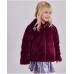 Burgundy fur jacket for girls with hood and floral lining 