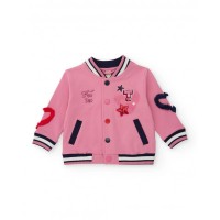 Pink varsity jacket for girls with embroidered details and 3D appliqués 