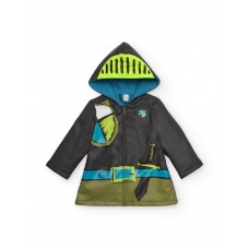 Black raincoat for boys with hood and knight print 