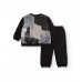 Boys sweatshirt and pants set in black with a grayish brushstroke print and green details 