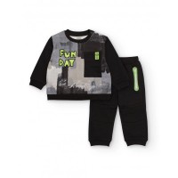 Boys sweatshirt and pants set in black with a grayish brushstroke print and green details 
