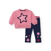 Girls set of pink sweatshirt with embroidered star and navy blue leggings with star print 