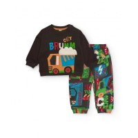 Boys set with brown sweatshirt and vehicle-printed pants 