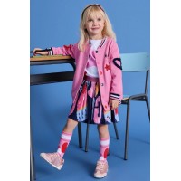 Girls pleated skirt with a multi-coloured print and shiny elastic waistband.