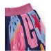 Girls pleated skirt with a multi-coloured print and shiny elastic waistband.
