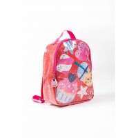 Coral-colored backpack for girls with a candy and star print 