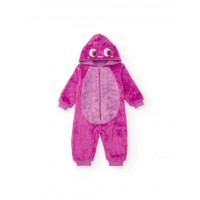 Fuchsia baby girl jumpsuit with plush texture and fun hood 