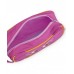Fuchsia-colored girl's makeup bag with a fun face and flower design 