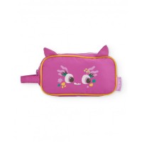 Fuchsia-colored girl's makeup bag with a fun face and flower design 