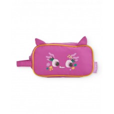 Fuchsia-colored girl's makeup bag with a fun face and flower design 