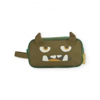 Green toiletry bag for boys with a monster face and 3D details 
