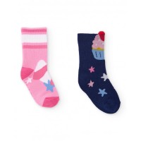 Pack of two pairs of girls' socks in navy blue and pink with star and ice cream motifs 