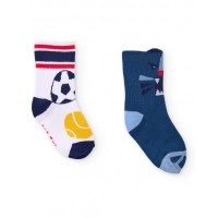 Pack of two pairs of brightly colored boys' socks with sports and animal motifs 