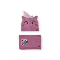Girls knitted hat and neck warmer pack in mauve with unicorn design 