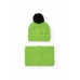 Green hat and neck warmer set for boys with embroidered details and a black pompom 