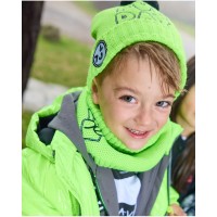 Green hat and neck warmer set for boys with embroidered details and a black pompom 