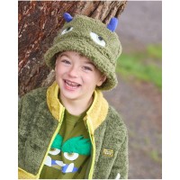 Green sheepskin hat for children with an embroidered face and 3D details 
