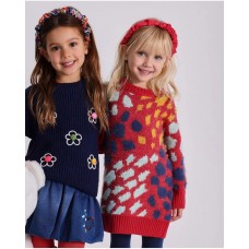 Red knitted dress for girls with multi-colored spot print 