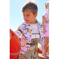 Green twill Bermuda shorts for boys with cargo pockets and adjustable drawstring 