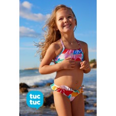 Girls' blue bikini with floral print and ruffles 