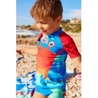 Boys' blue swim shirt with red sleeves and crab design 