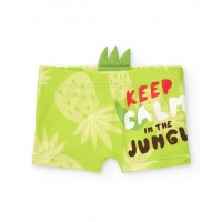 Green boxer swimsuit for boys with tropical print 