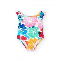 White girl's swimsuit with floral print and ruffles 