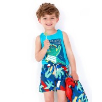 Navy blue boys' swim shorts with a print and adjustable waist 