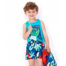Navy blue boys' swim shorts with a print and adjustable waist 