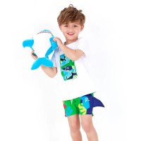 Boys' green swim shorts with shark and fin 