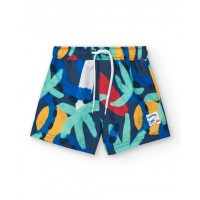 Navy blue boys' swim shorts with a print and adjustable waist 