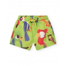 Green swim shorts for boys with parrots and jungle print 