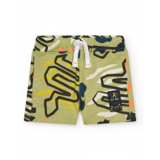 Green plush Bermuda shorts for boys with dinosaur print 