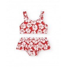 Red bikini for girls with floral print and ruffle 