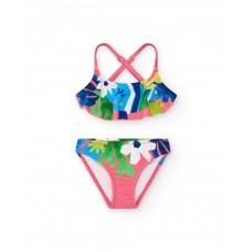Girls' pink bikini with tropical print and ruffles 