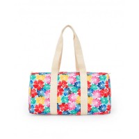 Girl's bag with floral print and ecru handles 