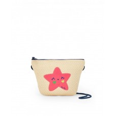 Raffia bag for girls in beige with a pink star 