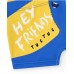 Boys' blue swim trunks with the phrase "HEY FRIENDS" 